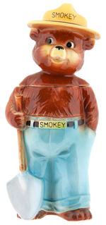 "SMOKEY" BEAR GLAZED CERAMIC FIGURAL COVERED JAR.