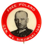 "FREE POLAND" RARE BUTTON PICTURING PRIME MINISTER OF THE POLISH GOVERNMENT IN EXILE.