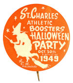 WITCH ON BROOMSTICK 1949 HALLOWEEN PARTY BUTTON.