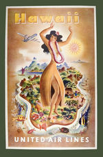 "HAWAII/UNITED AIRLINES" LINEN-MOUNTED TRAVEL POSTERS.