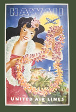 "HAWAII/UNITED AIRLINES" LINEN-MOUNTED TRAVEL POSTERS.