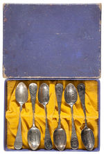 SPANISH AMERICAN WAR ORNAMENTAL SPOON HOLDER/BOWL WITH SPOONS PLUS BOXED SPOON SET.