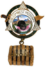 SHRINE FRATERNITY 1911 CONVENTION BADGE SHOWS BLACK MAN WITH WATERMELON IN AMAZING ENAMEL SCENE.