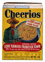 "CHEERIOS" CEREAL BOX WITH "LONE RANGER FRONTIER TOWN" BACK.