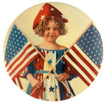 OUTSTANDING LARGE 4.5" CELLULOID DEPICTS WORLD WAR I PATRIOTIC YOUNG GIRL WITH MIRROR ON REVERSE.