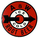 "A & W ICE COLD ROOT BEER" LARGE ROUND TIN SIGN.