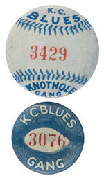 "K.C. BLUES" PAIR OF KNOTHOLE BUTTONS PLUS CELLULOID HOME GAME 1929 SCHEDULE.