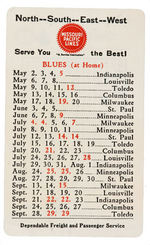 "K.C. BLUES" PAIR OF KNOTHOLE BUTTONS PLUS CELLULOID HOME GAME 1929 SCHEDULE.
