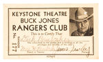 "BUCK JONES RANGER CLUB" LOCAL THEATER MEMBERSHIP CARD CIRCA 1931.