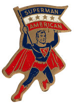 "SUPERMAN AMERICAN" LARGE VERSION DIE-CUT 1940 CHEWING GUM PREMIUM BADGE.