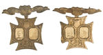 CLEVELAND AND HARRISON MATCHED PAIR OF FANCY 1888 BRASS SHELL JUGATE BADGES.