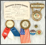 RAILROAD UNION BADGES INCLUDING 1904 MEMBERS CARD AND RARE 1920 STRIKE BUTTON.