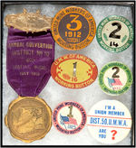 UNITED MINE WORKERS EARLY "DELEGATE" RIBBON BADGE PLUS FIVE "WORKING" BUTTONS.