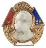 CLEVELAND MOONSTONE BUST ON ENAMEL AND BRASS SHELL "1888" PIN.