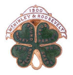BEAUTIFUL UNLISTED "McKINLEY & ROOSEVELT" 1900 FOUR-LEAF CLOVER ENAMEL ON BRASS LAPEL STUD.