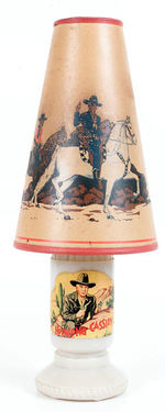 "HOPALONG CASSIDY" GLASS LAMP W/SHADE BY ALADDIN.
