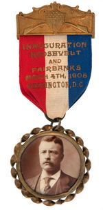 ROOSEVELT REAL PHOTO BUTTON ON RARE INAUGRATION RIBBON BADGE.