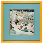 "KING FEATURES SYNDICATE" FRAMED 1926 PROMO CALENDAR WINTER PAGE WITH MANY COMIC STRIP CHARACTERS.