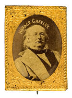 “HORACE GREELEY” ESSENTIALLY MINT CARDBOARD PHOTO BADGE UNLISTED IN DE WITT AND HAKE.