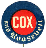 “COX AND ROOSEVELT” GRAPHIC 1920 NAME BUTTON.