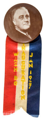 LARGE ROOSEVELT REAL PHOTO BUTTON WITH INAUGURAL RIBBON.