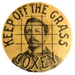 HISTORIC AND RARE “COXEY/KEEP OFF THE GRASS” LAPEL STUD LIKELY FROM 1897 OHIO GOV. CAMPAIGN.