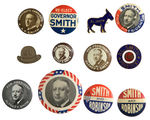 AL SMITH COLLECTION OF TWELVE BUTTONS AND PINS.
