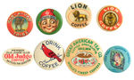 COFFEE AND TEA 8 EARLY AD BUTTONS CIRCA 1900-1940s.