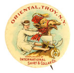 EARLY AND BIZARRE DESIGN AD BUTTON PROMOTING “INTERNATIONAL SHIRT & COLLAR CO.”