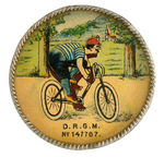 GERMAN DEXTERITY PUZZLE FEATURING BICYCLE RIDER WITH MIRROR ON REVERSE.