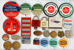 CAR PRODUCTS COLLECTION OF 24 BUTTONS, TOKENS, ETC. MAINLY FOR GASOLINE, OIL & TIRES.