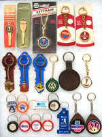 KEY FOBS WITH CAR NAMES COLLECTION OF 22, MANY ON ORIGINAL CARDS.