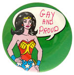 GAY RIGHTS 3” CAUSE BUTTON CIRCA 1980 FEATURING UNAUTHORIZED USE OF WONDER WOMAN.