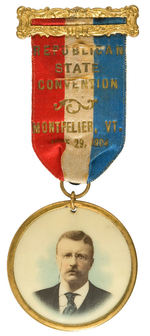 ROOSEVELT LARGE FULL COLOR DOUBLE-SIDED CELLULOID SUSPENDED FROM VERMONT 1904 GOP RIBBON BADGE.