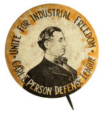 EXCEEDINGLY RARE CIRCA 1914 SOCIALIST PARTY BUTTON FOR “CARL E. PERSON DEFENSE LEAGUE.”