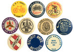 BICYCLES AND LEAGUE OF AMERICAN WHEELMEN GROUP OF TEN BUTTONS MOST CIRCA 1896-1898.