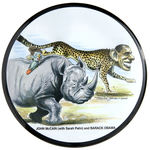 SUPERB 6” LIMITED EDITION BUTTON WITH McCAIN, PALIN AND OBAMA BY RENOWNED CARICATURIST TAYLOR JONES.