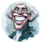 LIMITED EDITION 6” BUTTON CARICATURE COMBINING CONCEPTS OF 1st PRESIDENT AND 1st BLACK PRESIDENT.