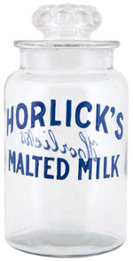 "HORLICK'S MALTED MILK" JAR WITH LID.