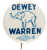 “DEWEY/WARREN” BUTTON PICTURING CARTOON ELEPHANT.
