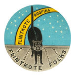 “FLINTKOTE ROOFING” EARLY BUTTON CLASSIC OF BLACK CAT ON NIGHTTIME ROOF.