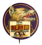 GRAPHIC BUTTON WITH FIERCE WOLF REPRESENTING NAME OF MACHINERY MAKER.