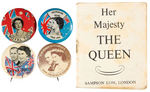 QUEEN ELIZABETH II FOUR RARE BUTTONS PLUS FIRST SEEN BOOKLET.