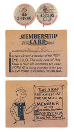 "NEW YORK EVENING JOURNAL POPEYE CLUB" MEMBERS CARD AND BUTTONS.