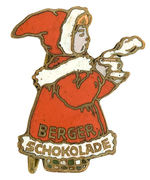 ENAMEL PIN OF CHILD IN SANTA SUIT WITH STEAMING COCOA FOR “BERGER SCHOKOLADE.”