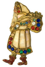 SANTA WITH TOY PACK OUTSTANDING BRASS PIN FEATURING MOTHER-OF-PEARL AND MULTICOLORED RHINESTONES.