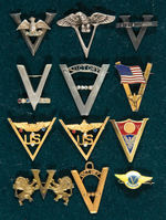 LETTER "V" FOR VICTORY 11 PINS AND PENDANTS, THREE IN STERLING.