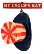 "MY UNCLE'S HAT" FIGURAL UNCLE SAM TOP HAT CELLULOID PIN.