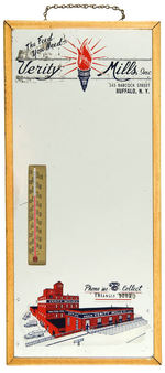 "VERITY MILLS" AD MIRROR WITH THERMOMETER.