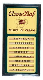 "CLOVER LEAF DELUXE ICE CREAM" STORE SIGN WITH FLAVORS.